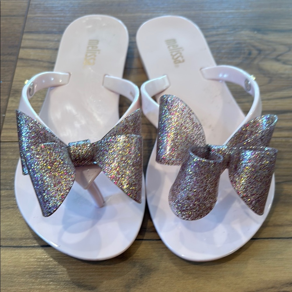 Melissa Kids Sparkle Bow Flip Flops - Pink and Silver